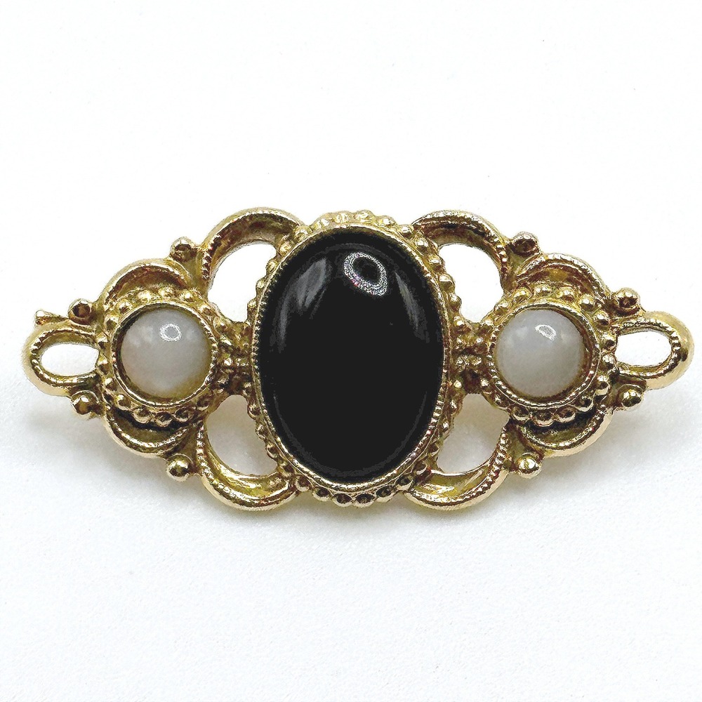Vintage 1928 Jewelry Co Gold Tone Black Cabochon Ornate Filigree Brooch Pin
